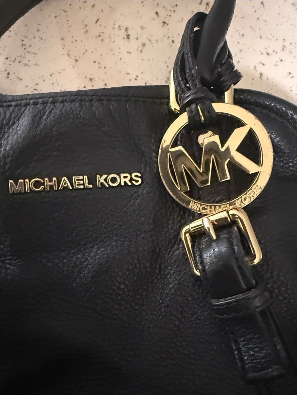 Michael Kors Black Pebbled Leather Shoulder Satchel with Gold Hardware